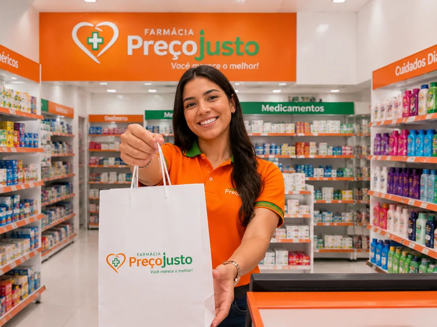 Atendente da Farmácia Preço Justo na seção de higiene pessoal